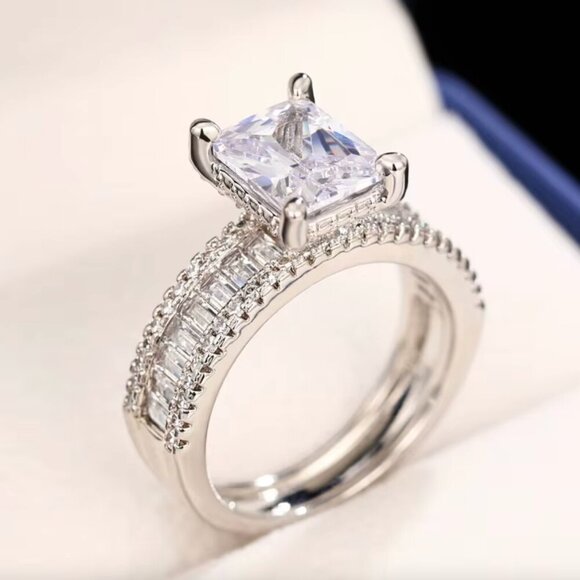 14k White Gold Diamond Ring Baguette & Emerald Cut Ring Band - Picture 8 of 10